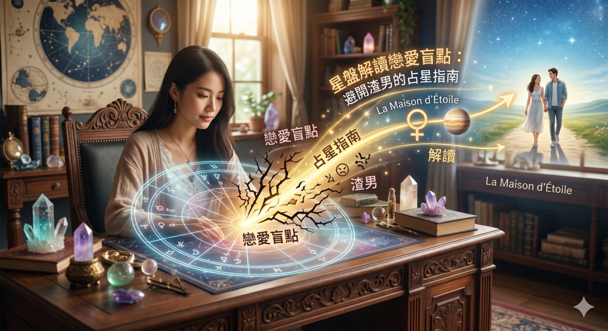 在以天體為主題的房間裡,一位女士在擺放著水晶的書桌前研究星相圖,而宇宙符號和引導者則出現在她周圍。.