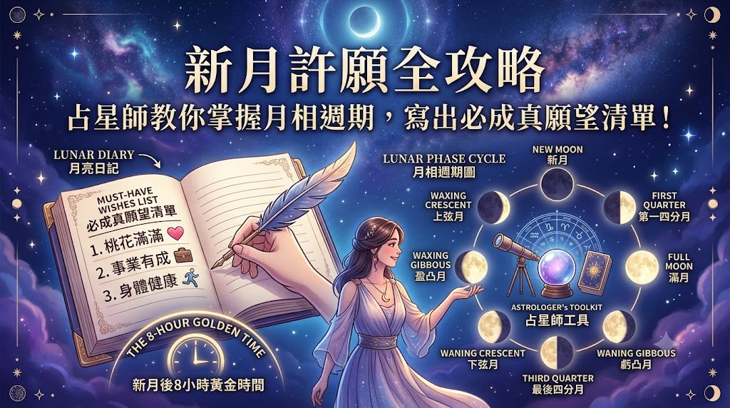 新月許願星空場景，手寫許願日記本與燃燒蠟燭放在木桌上，背景是被月光照亮的深藍夜空與金色星座連線——Gemini AI 生成封面圖