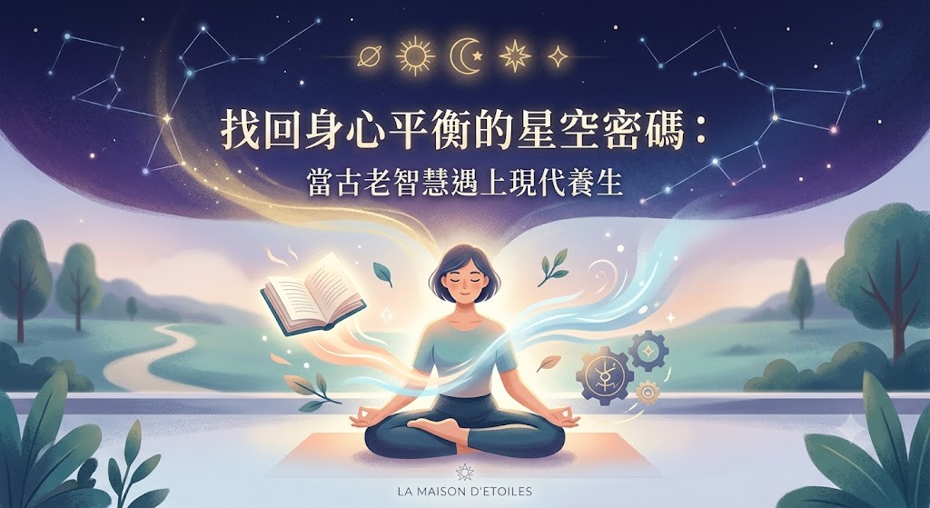 冥想女性坐於青翠草地中，閉目寧神，旁有翻開書卷與星盤；上方深藍夜空中點綴著星座連線與黃道十二宮符號，主標題「找回身心平衡的星空密碼：當古老智慧遇上現代養生」以金色字體呈現，整體融合古老占星智慧與現代身心養生的療癒氛圍。