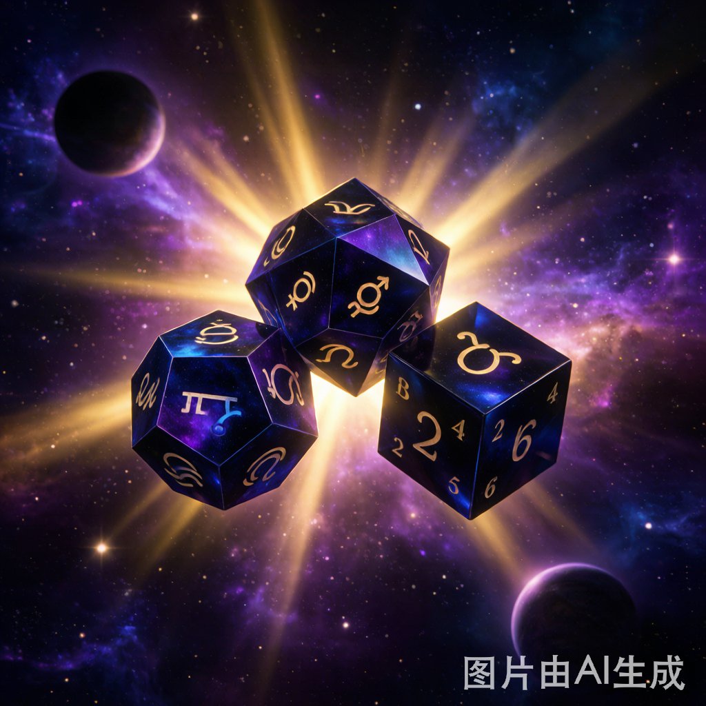 占星骰子占卜工具漂浮於宇宙星空，金色光芒與星象符號