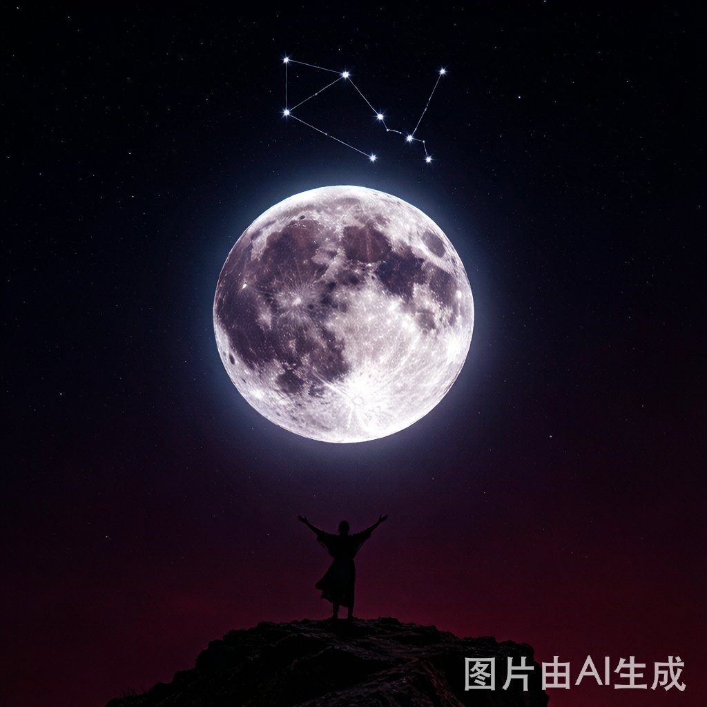 天蠍座滿月夜空，暗紅色月光下人物張開雙臂重生