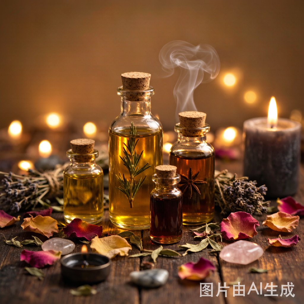 手工魔法油瓶與草本植物、水晶、燭光靜物場景