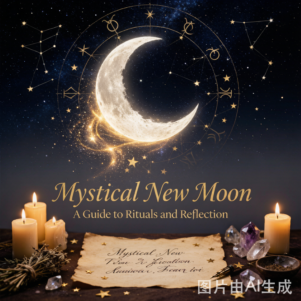神秘新月占星封面圖：彎月高懸星座星空，羊皮紙上手寫願望清單，蠟燭與紫水晶環繞，金色星光能量螺旋